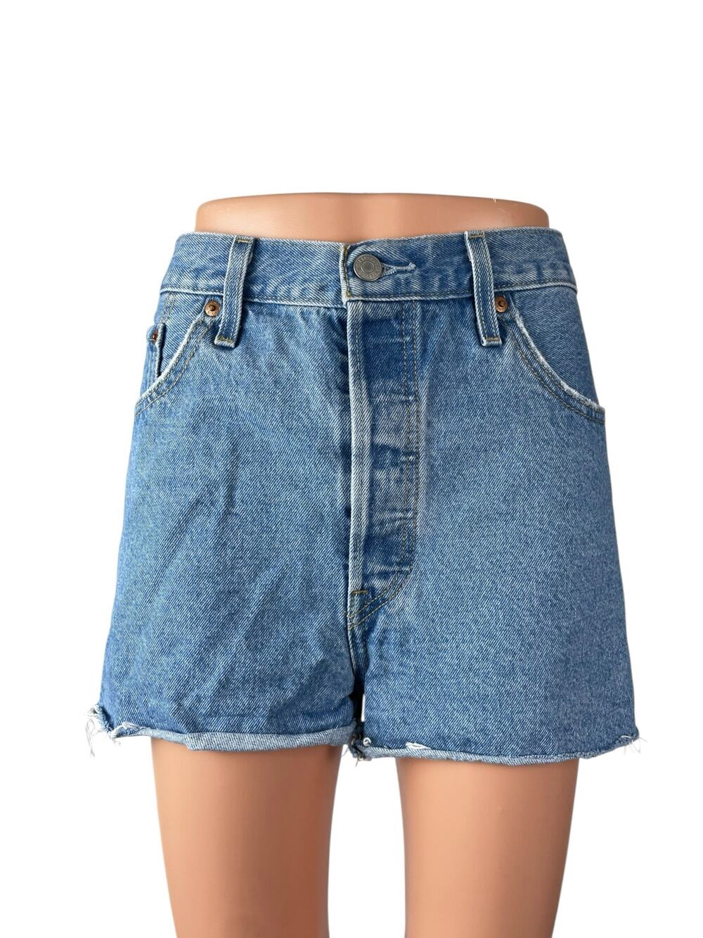 Levi's 501 Women's Blue High Waisted Cut Off Frayed Denim Jean Shorts Size 33